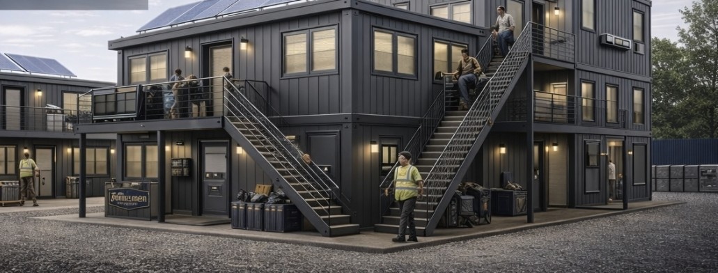 Multi-unit crew barracks exterior with solar arrays